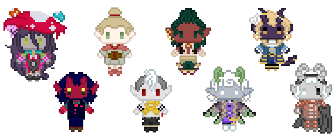 Designs belong to (from left to right) gremmilyn, Gigabomb, honeyandjoart, sleepytsuu, indigodraws, GargoyleHours, AidenButton_VT, and ME! Art by me